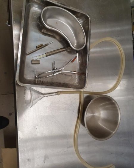 S/s tray x2 bowls glass funnel mouth gag  kidney dish x 2 thermometer