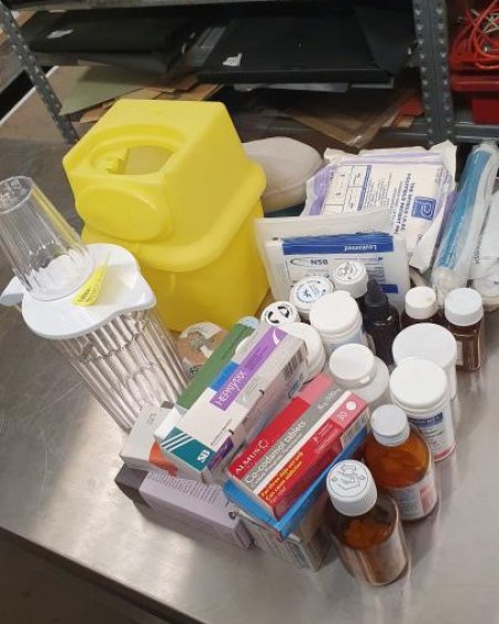 Sharps bin jugs & beaker misc pill boxes and tablets paper mache 2 salt shakers, kidney dish