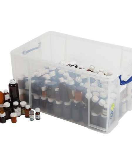 Crate of Brown pill bottles 
