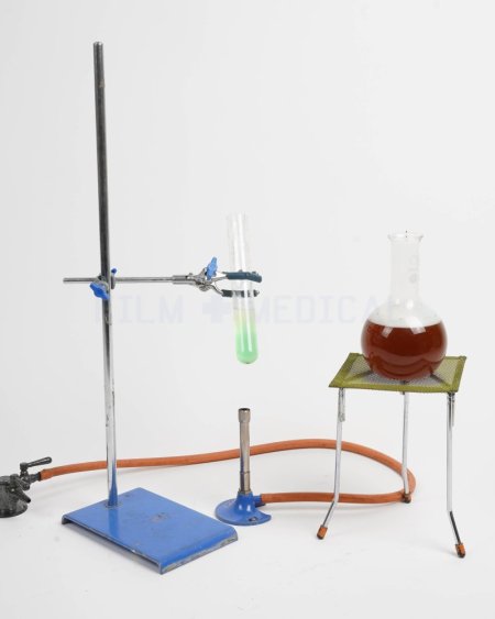 Retort Stand Clamp +Grip, Bunson Burner, Tripod, Gauge, & Gas Tap, With Test Tube + Round Bottom Flask + Tubing