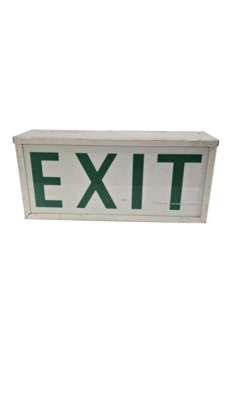 Practical period emergency exit sign, green backlit lettering