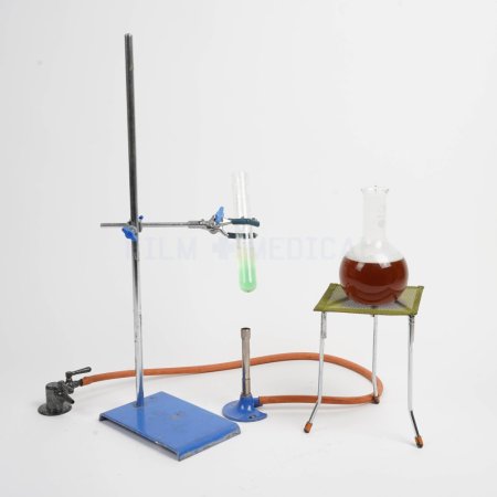 Retort Stand Clamp +Grip, Bunson Burner, Tripod, Gauge, & Gas Tap, With Test Tube + Round Bottom Flask + Tubing